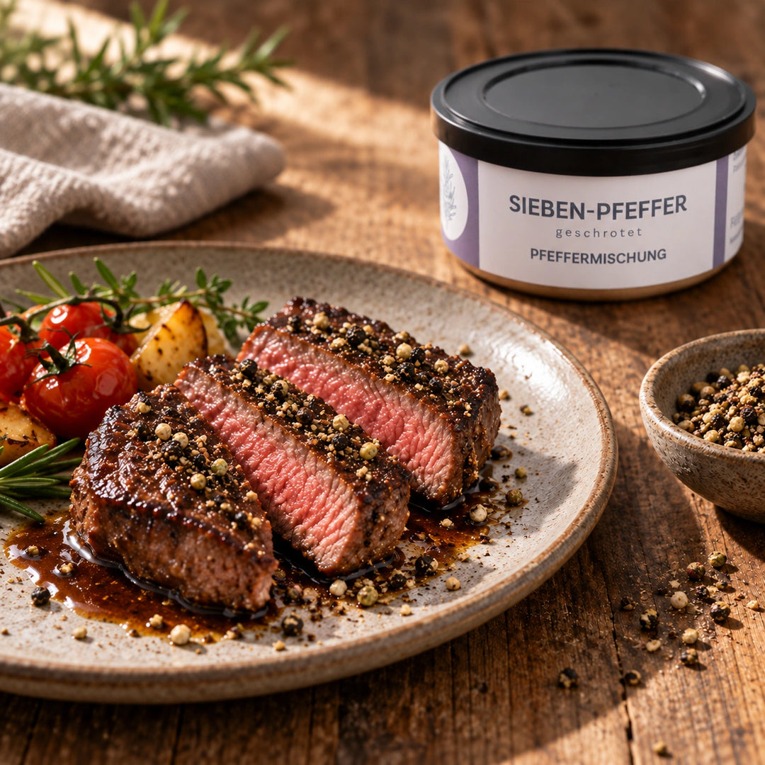 Aufgeschnittenes Steak mit Pfeffer und Bratensauce neben der Originaldose Sieben Pfeffer als Serviervorschlag.