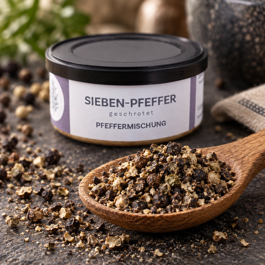 Nahaufnahme von grobem Pfefferschrot auf einem Holzlöffel vor der Originaldose Sieben Pfeffer.