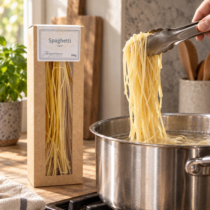 Eine Hand hebt gegarte Spaghetti mit einer Zange aus einem Topf; die Originalverpackung steht daneben. Serviervorschlag.