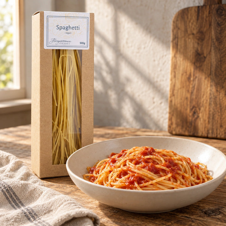 Spaghetti mit Tomatensauce auf einem Keramikteller neben der Originalverpackung. Serviervorschlag.