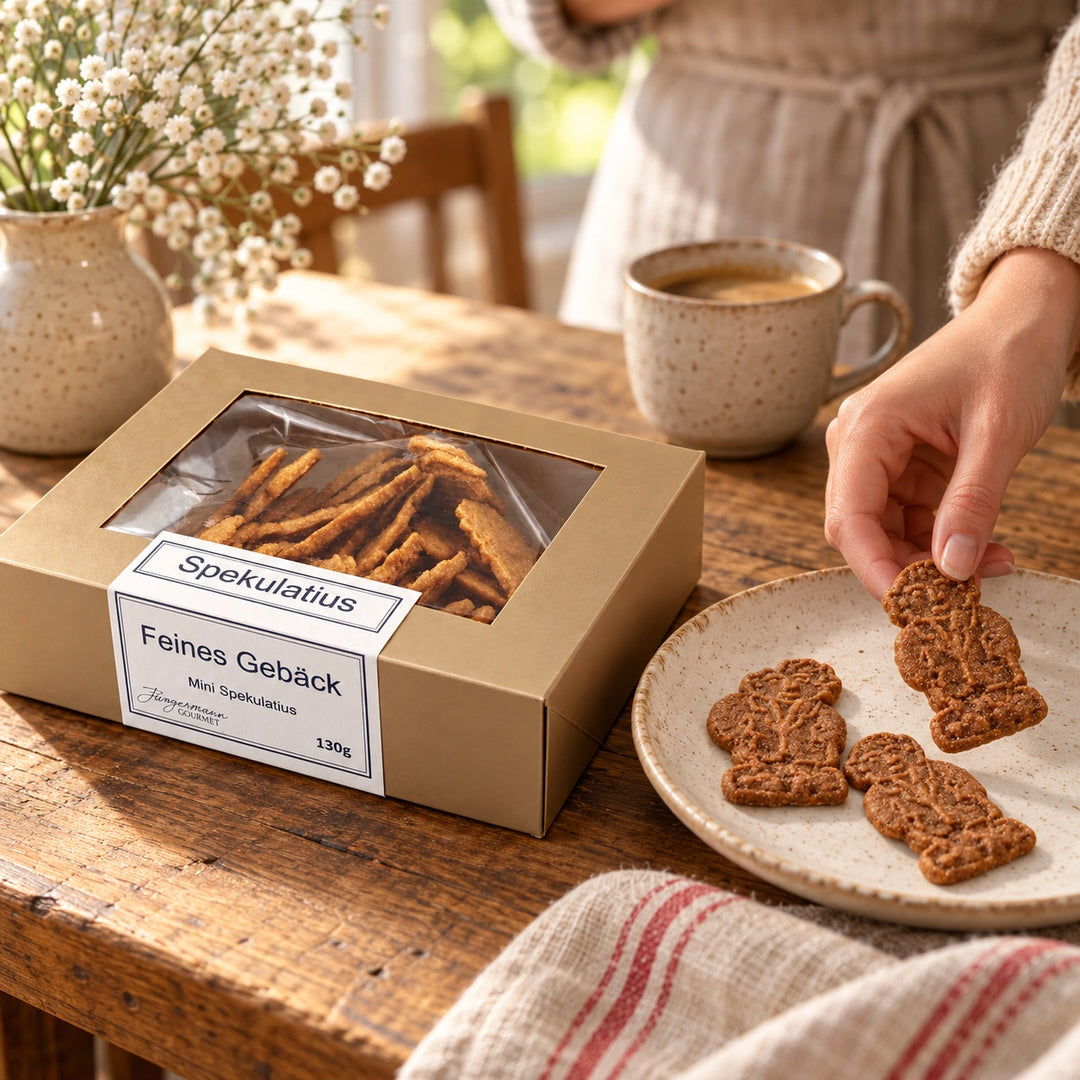 Eine Hand serviert Spekulatius neben der Originalschachtel von Jungermann Gourmet auf einem Holztisch.