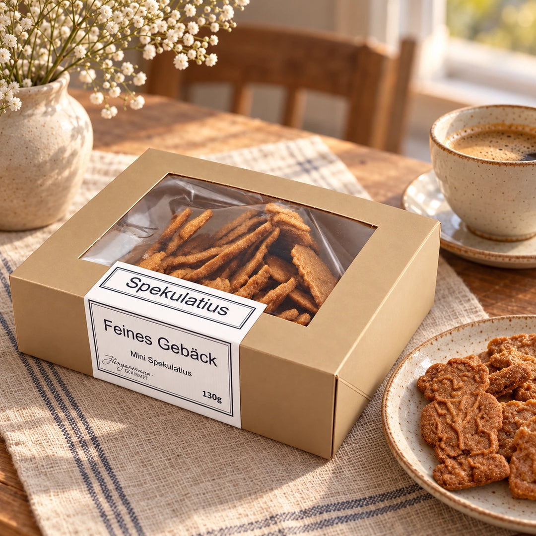Spekulatius von Jungermann Gourmet mit Gebäck auf einem Steingutteller und einem Heißgetränk auf einer Kaffeetafel.