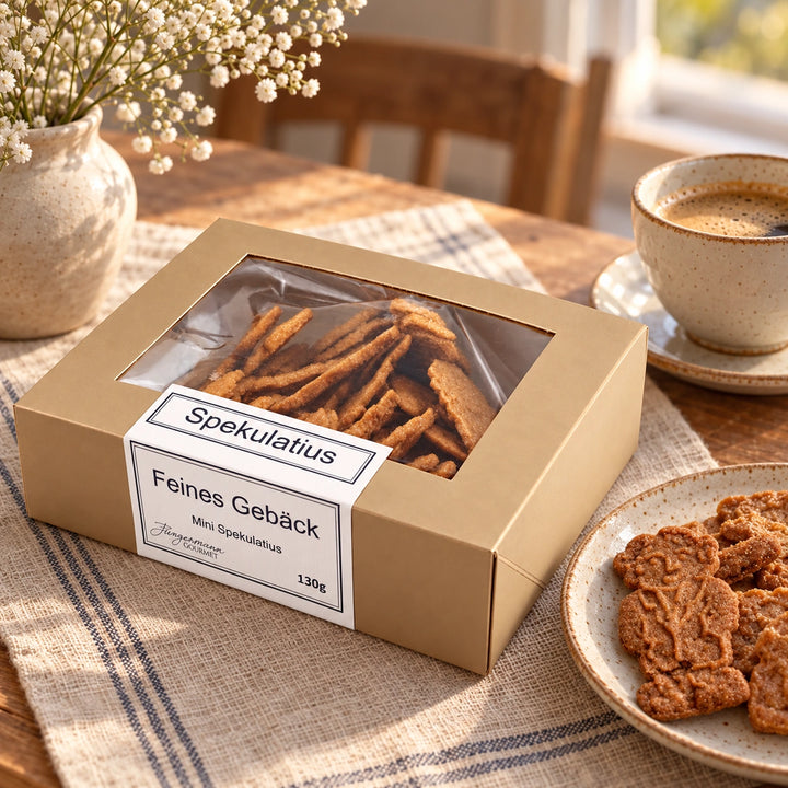 Spekulatius von Jungermann Gourmet mit Gebäck auf einem Steingutteller und einem Heißgetränk auf einer Kaffeetafel.