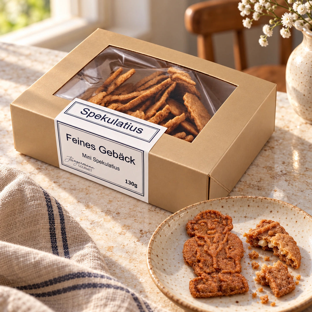 Spekulatius von Jungermann Gourmet im Detail mit sichtbarer Gebäckstruktur neben der Originalschachtel.