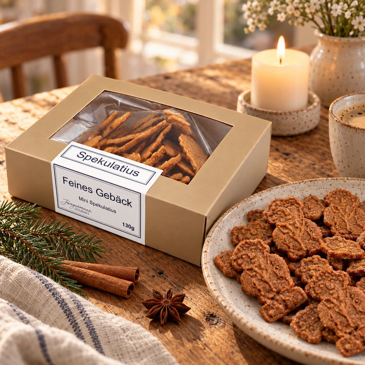 Spekulatius von Jungermann Gourmet auf einer Adventstafel mit Gebäck, Heißgetränk, Kerze und Tannenzweig.