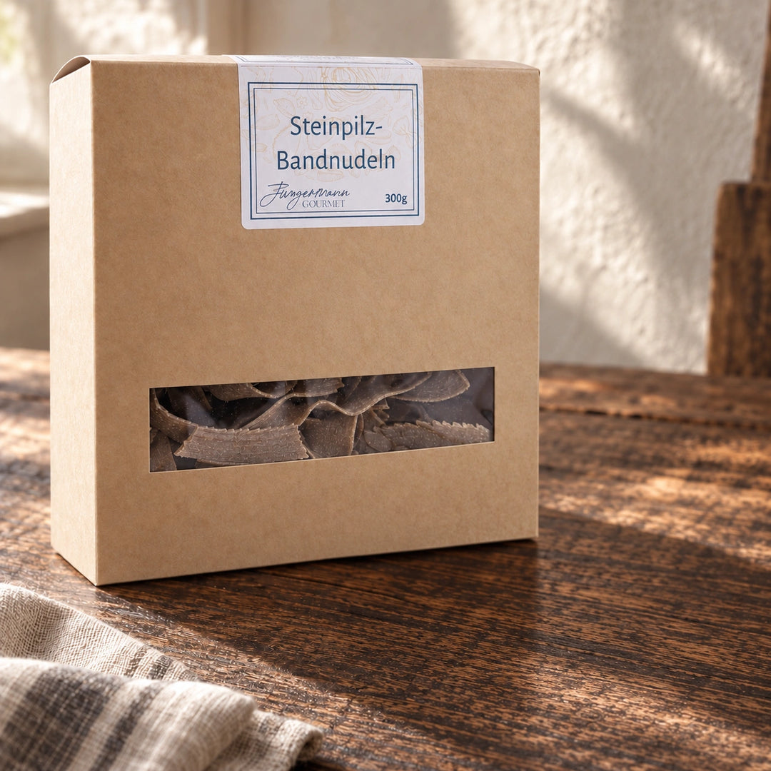 Steinpilz-Bandnudeln in der originalen 300-g-Verpackung auf dunklem Holz.