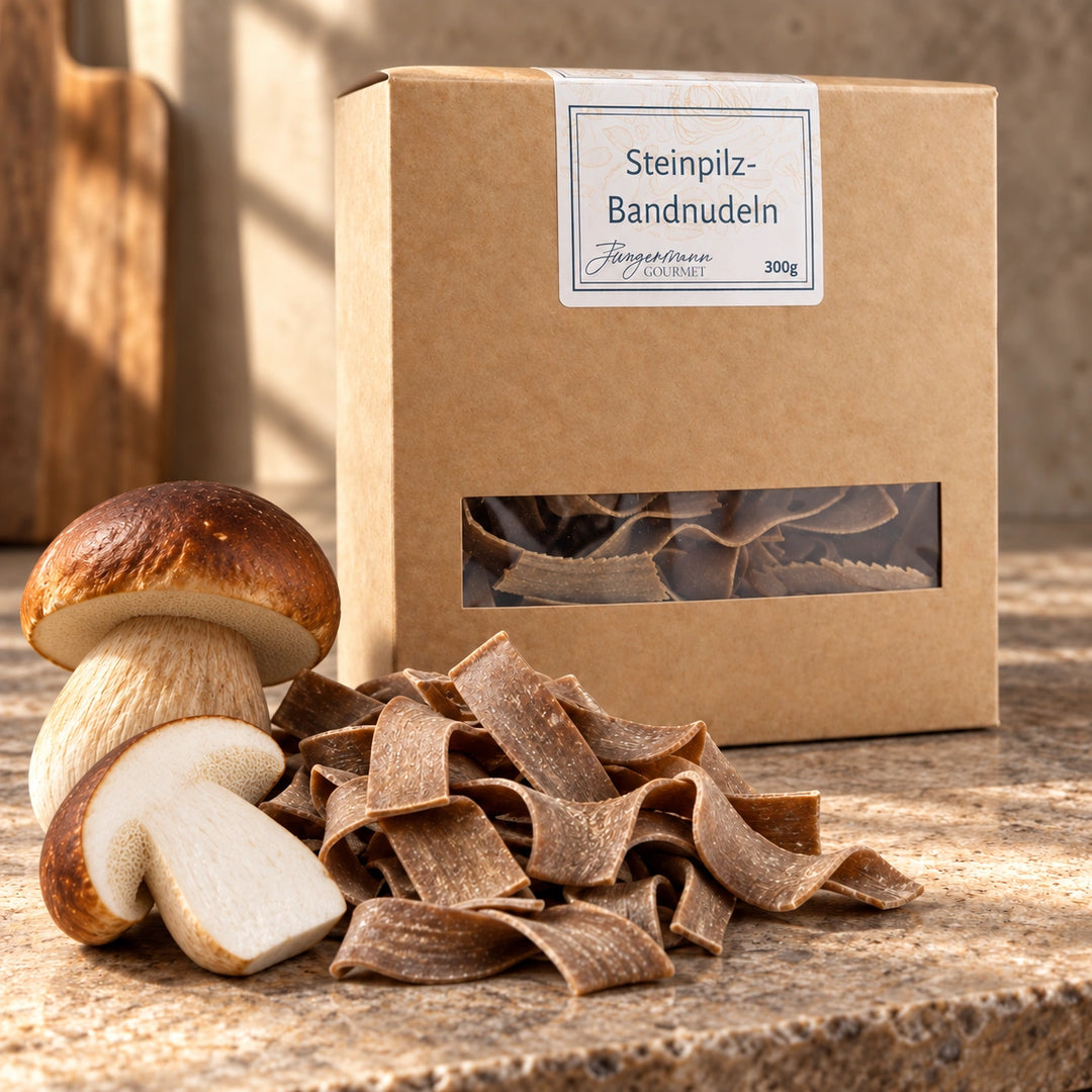 Braune Steinpilz-Bandnudeln mit einem Steinpilz neben der Originalverpackung.
