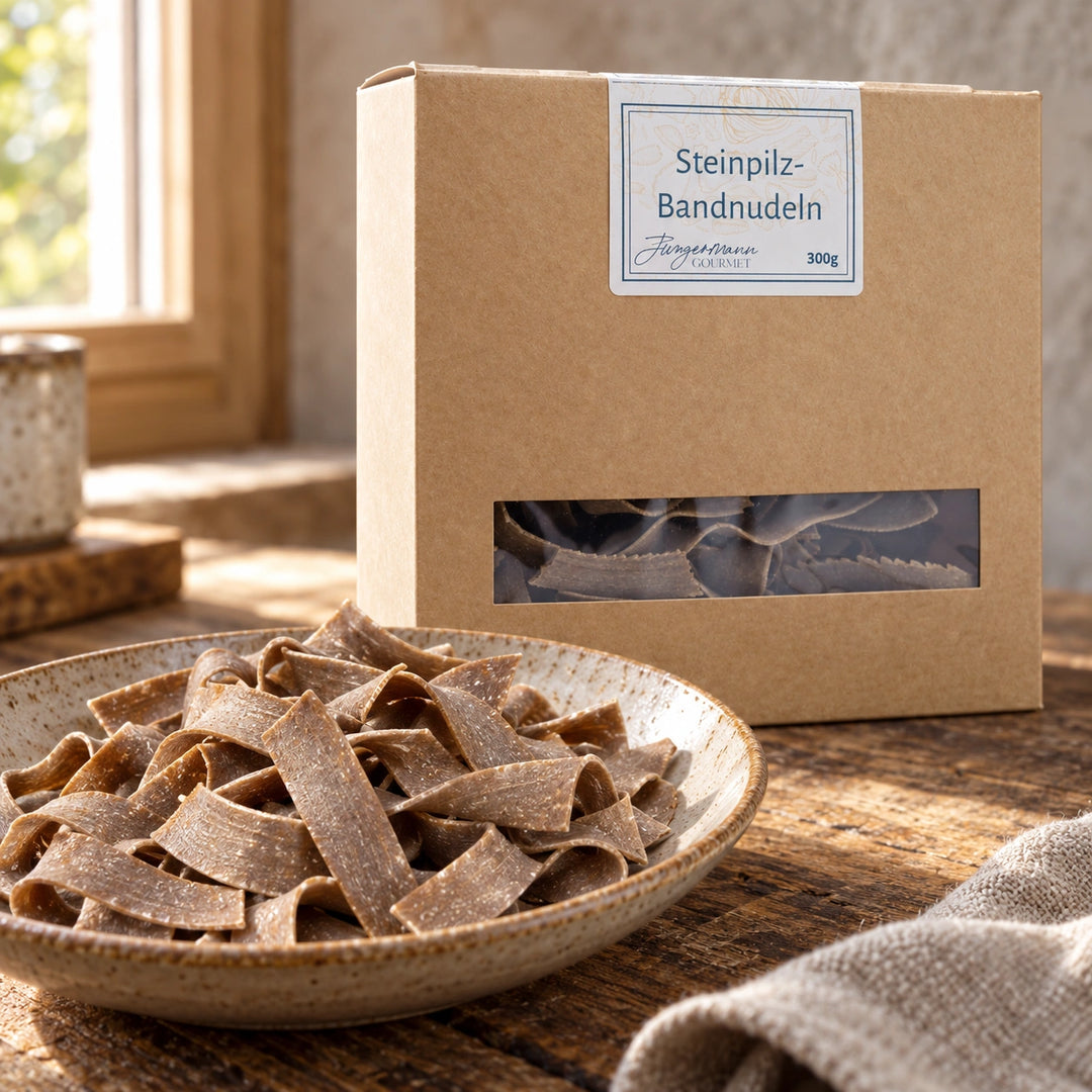 Nahaufnahme der breiten braunen Steinpilz-Bandnudeln vor ihrer Originalverpackung.