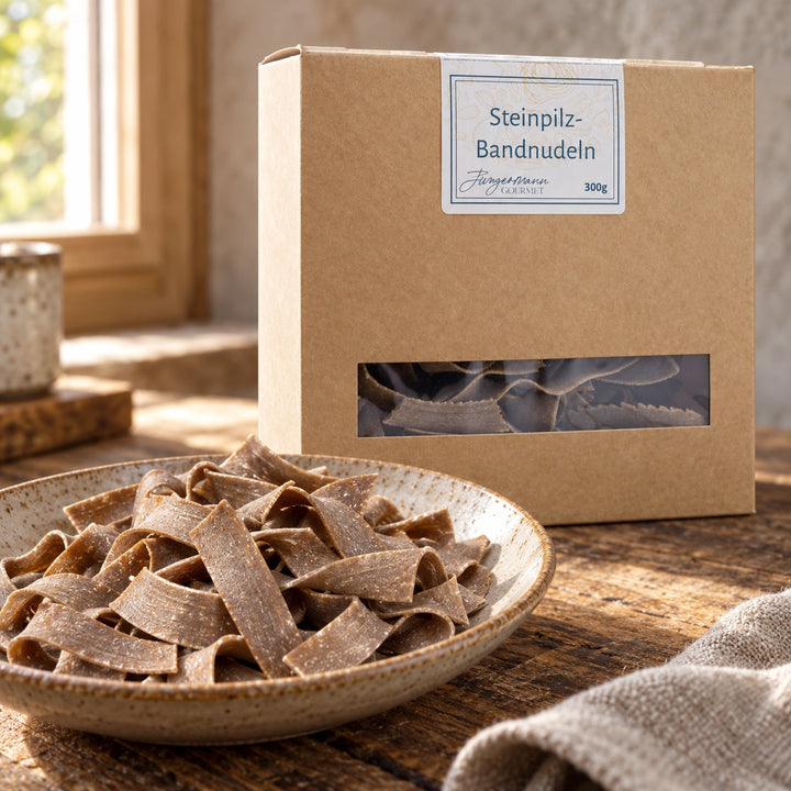 Nahaufnahme der breiten braunen Steinpilz-Bandnudeln vor ihrer Originalverpackung.