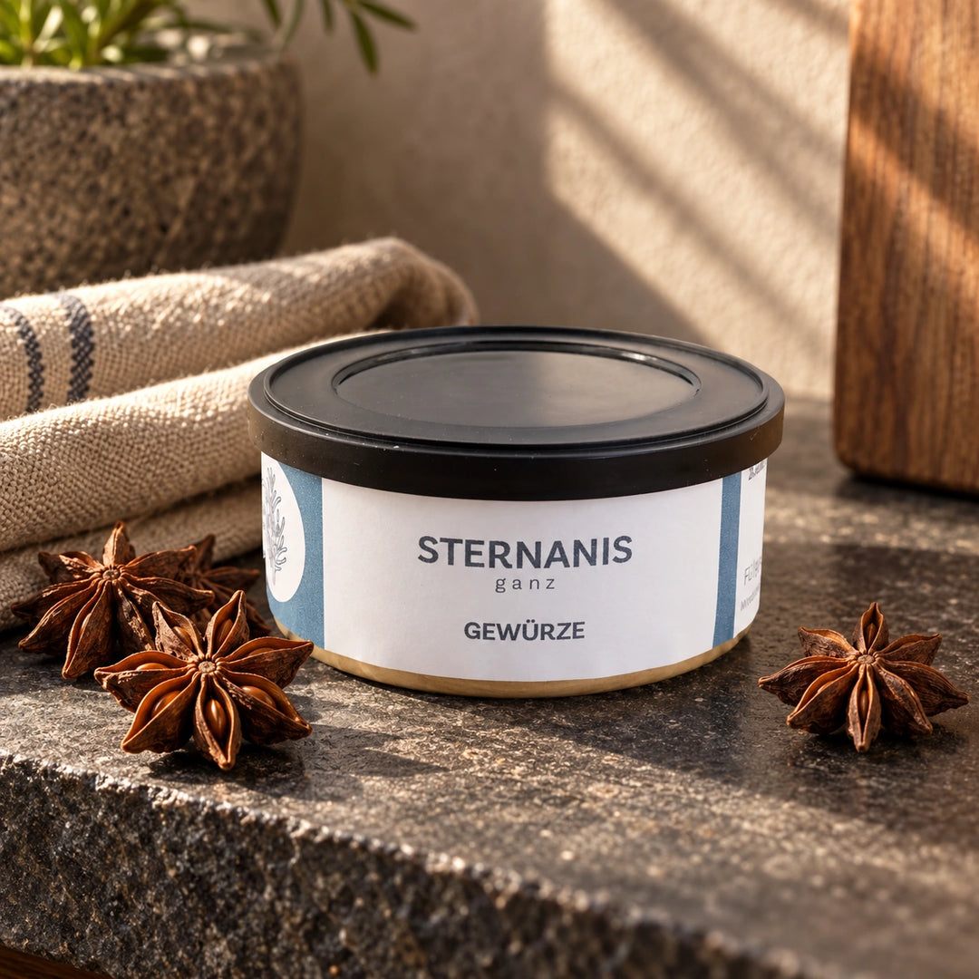 Originaldose Sternanis ganz mit einzelnen Sternanisfrüchten auf dunklem Naturstein.