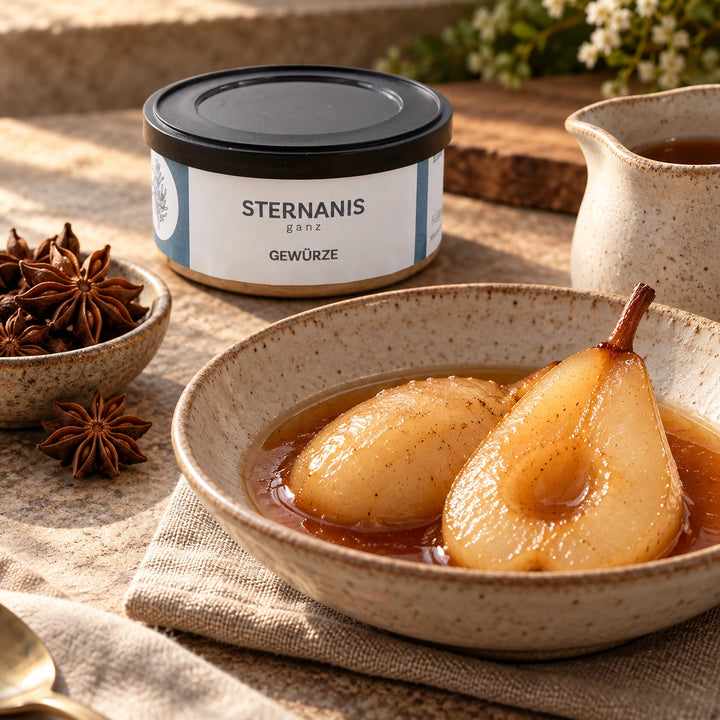 Pochierte Birnen in Sirup neben der Originaldose Sternanis als Serviervorschlag.