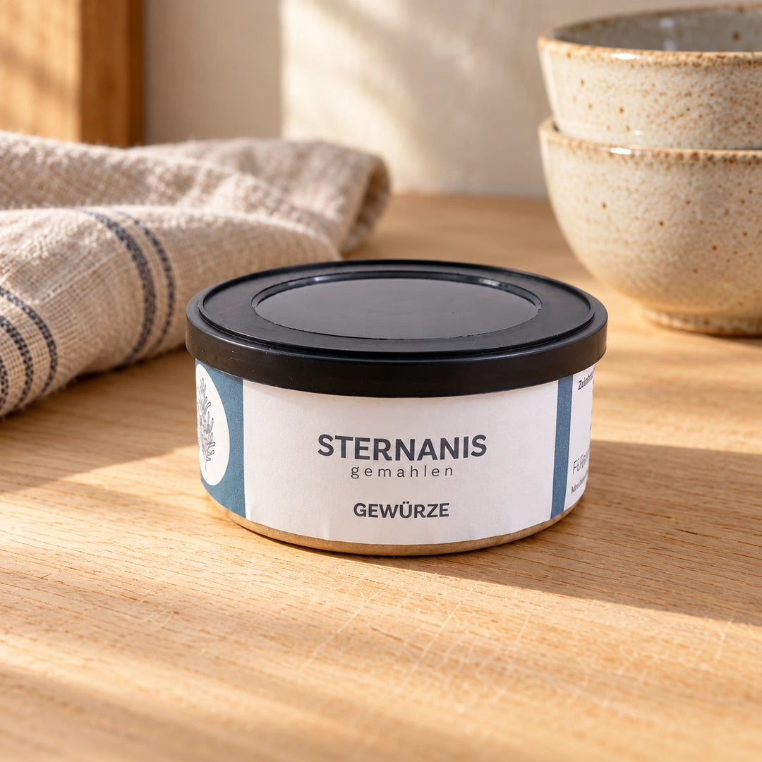 Originaldose Sternanis gemahlen auf einer hellen Backarbeitsfläche mit Leinentuch und Keramikschalen.