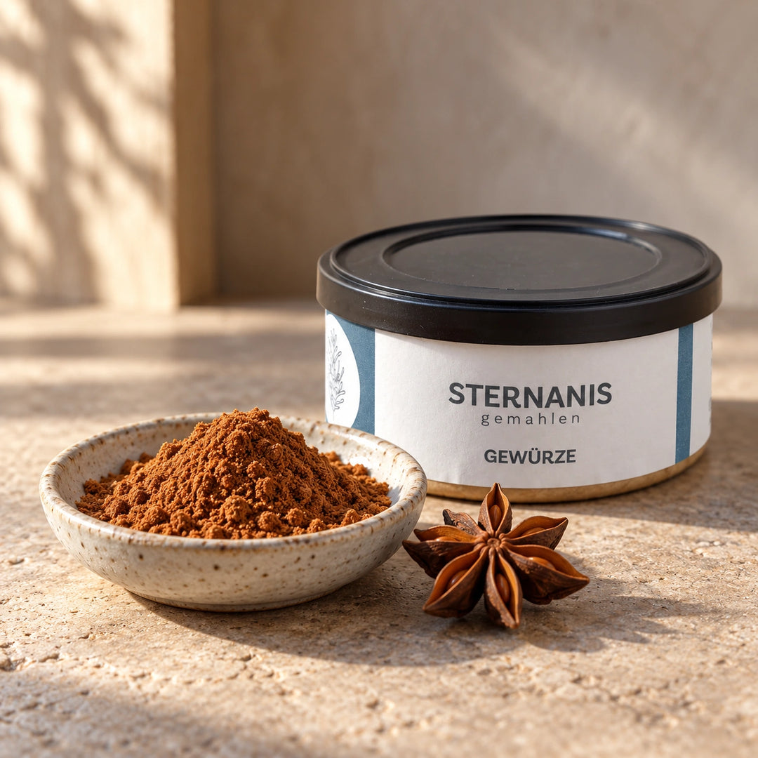 Gemahlener Sternanis in einer Keramikschale und eine ganze Sternanisfrucht neben der Originaldose.