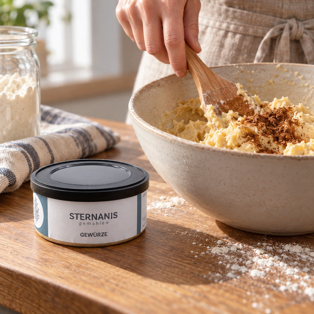 Eine Hand arbeitet gemahlenen Sternanis mit einem Holzspatel in einen Gebäckteig ein; daneben steht die Originaldose.