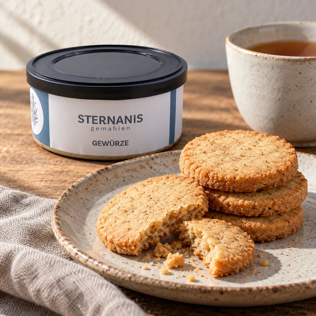 Goldene Sternanisplätzchen mit einer Tasse Tee neben der Originaldose als Serviervorschlag.