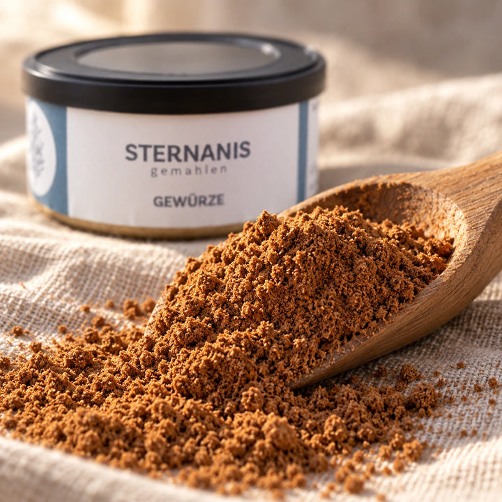 Nahaufnahme von gemahlenem Sternanis auf einem Holzlöffel vor der Originaldose.