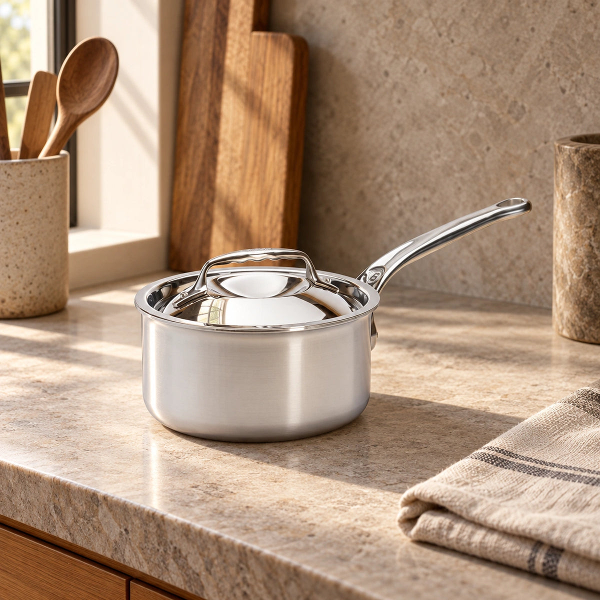 Stieltopf-Casserole Affinity mit Metalldeckel auf einer warmen Arbeitsfläche.
