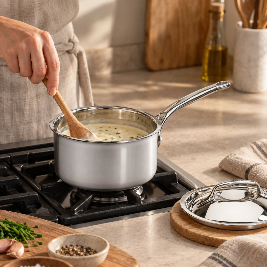 Anwendungsbeispiel: Eine Hand rührt eine helle Sauce in der Affinity-Casserole.
