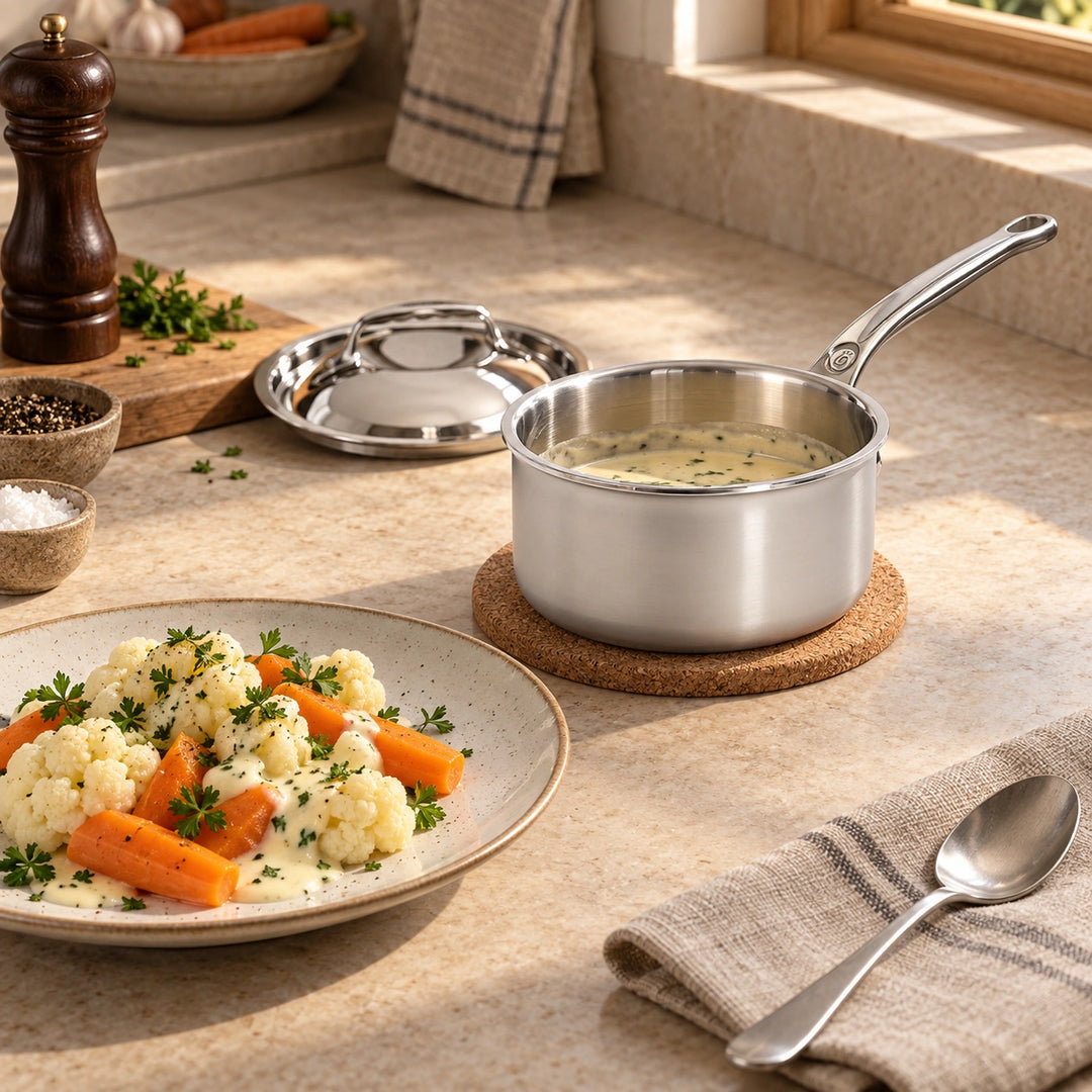 Anwendungsbeispiel: Helle Sauce aus der Affinity-Casserole zu gedünstetem Gemüse.