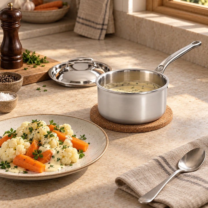 Anwendungsbeispiel: Helle Sauce aus der Affinity-Casserole zu gedünstetem Gemüse.