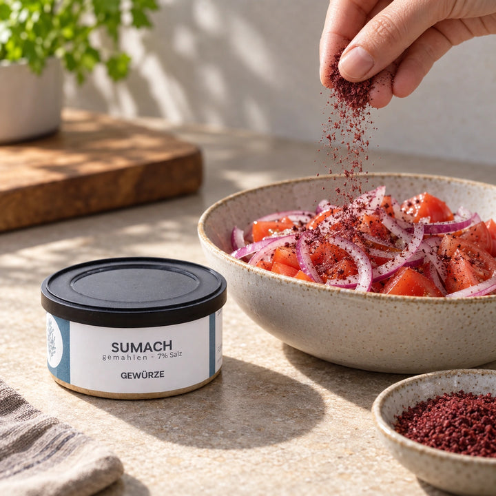 Eine Hand streut Sumach über einen Tomaten-Zwiebel-Salat; die Originaldose steht daneben.