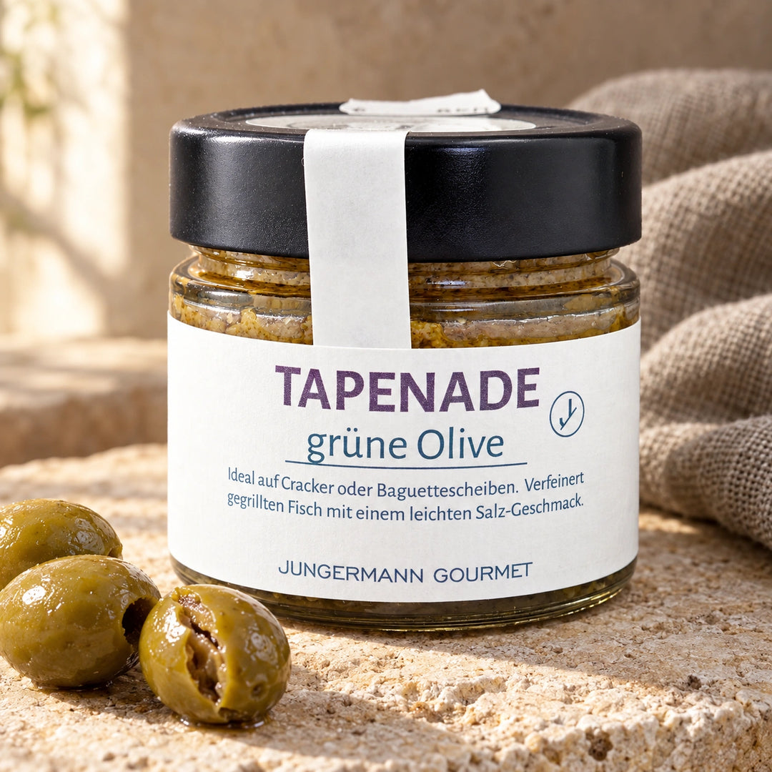 Tapenade grüne Olive im Originalglas auf hellem Stein neben grünen Oliven und Leinen.
