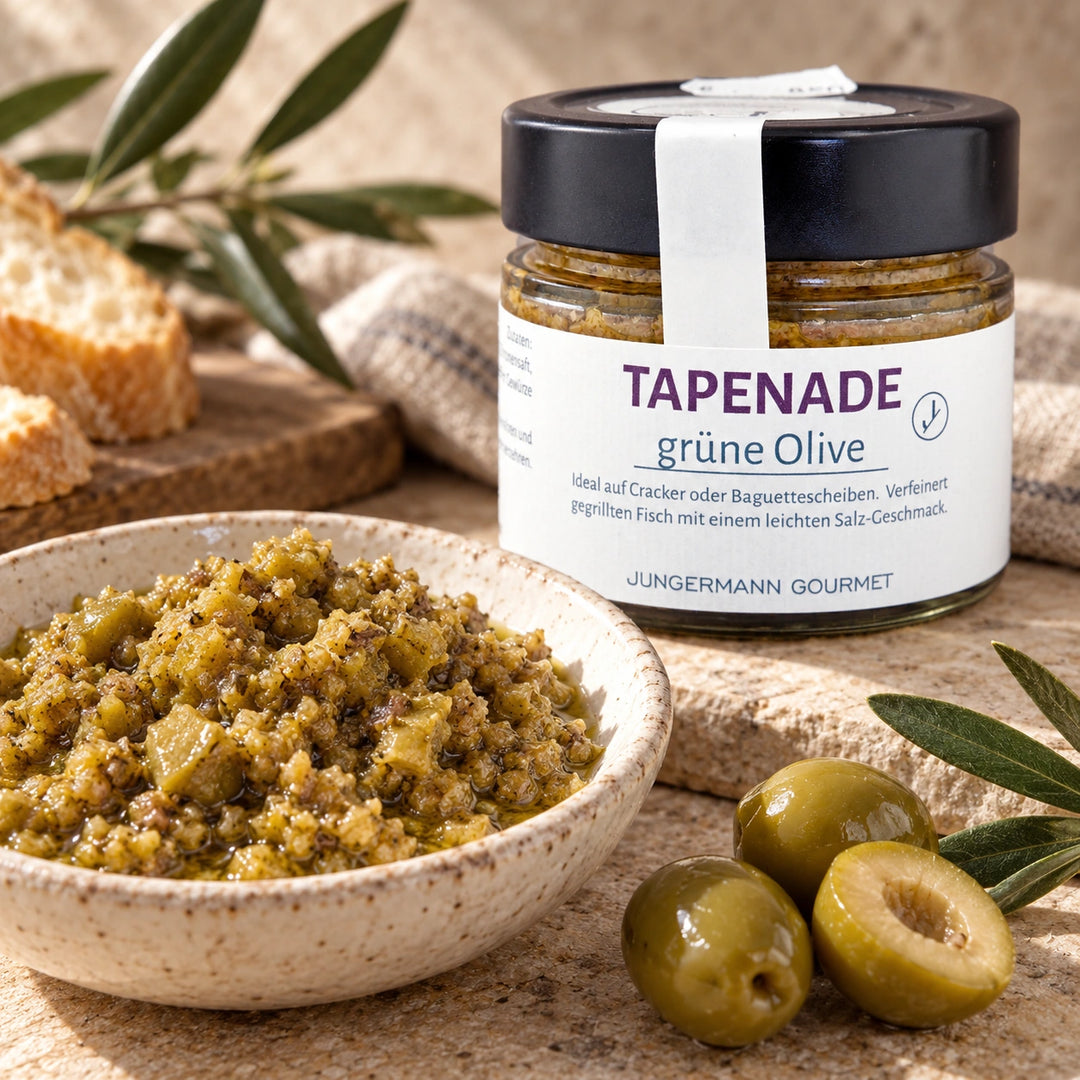 Grüne Oliven und eine Schale mit grober Tapenade vor dem Originalglas, daneben Brot als Serviervorschlag.