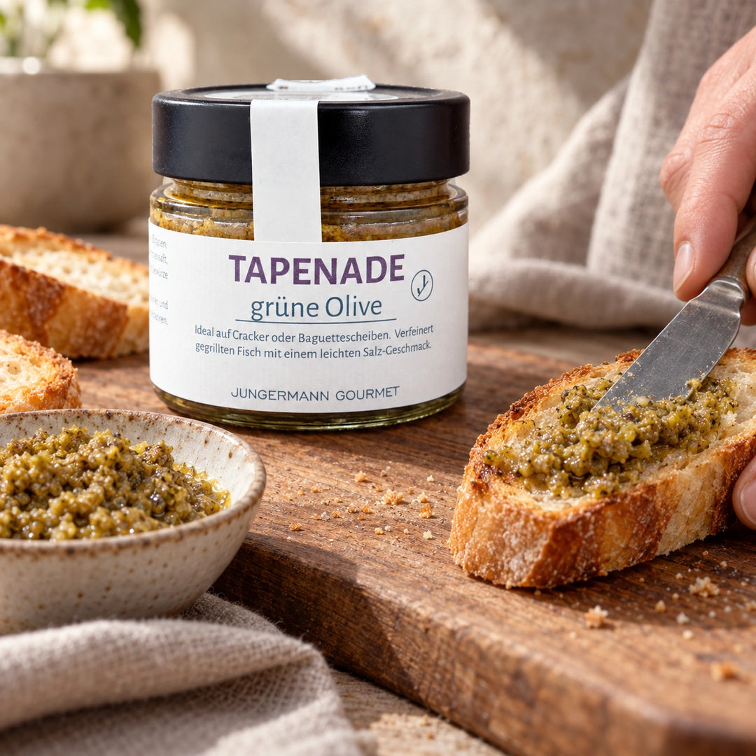 Ein Messer verstreicht grüne Oliventapenade auf geröstetem Brot; das Originalglas steht daneben. Serviervorschlag.