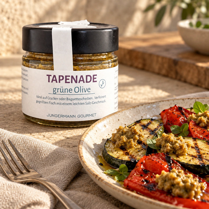 Tapenade grüne Olive neben gegrillter Zucchini und Paprika mit kleinen Tupfen Tapenade; Serviervorschlag.