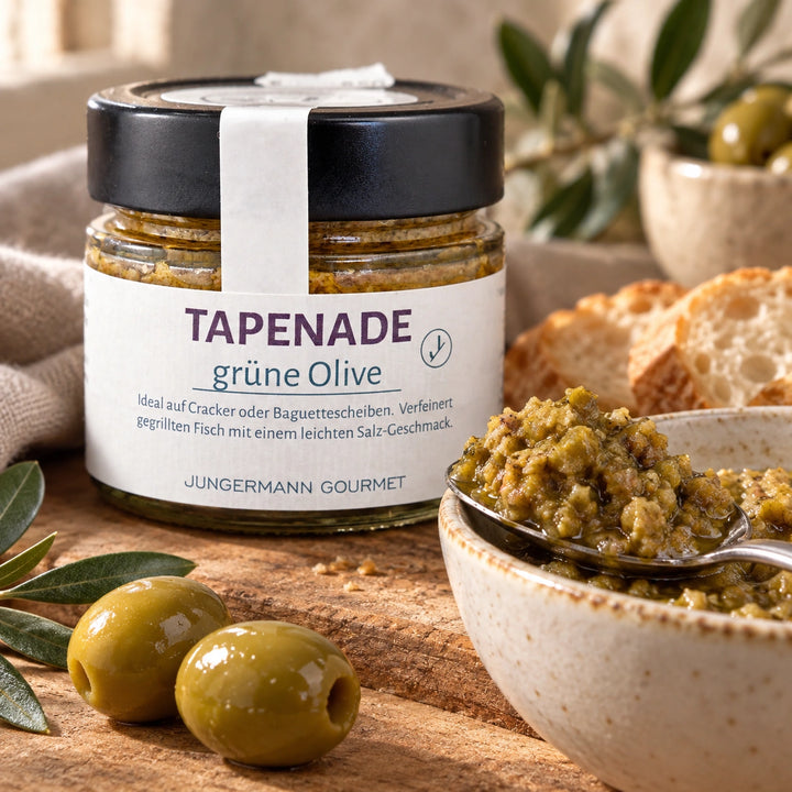 Nahaufnahme der grünen Oliventapenade auf einem Löffel neben dem Originalglas.