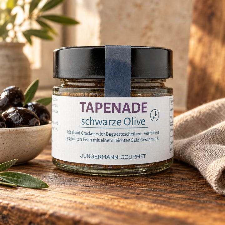 Tapenade schwarze Olive im Originalglas neben schwarzen Oliven auf einem Holztisch.