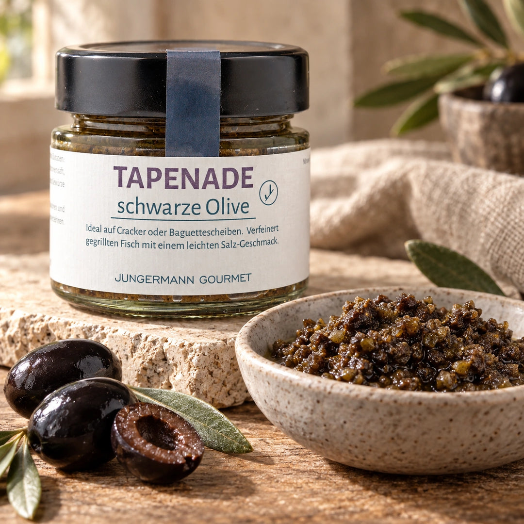 Schwarze Oliven und eine Schale mit dunkler Tapenade neben dem Originalglas.
