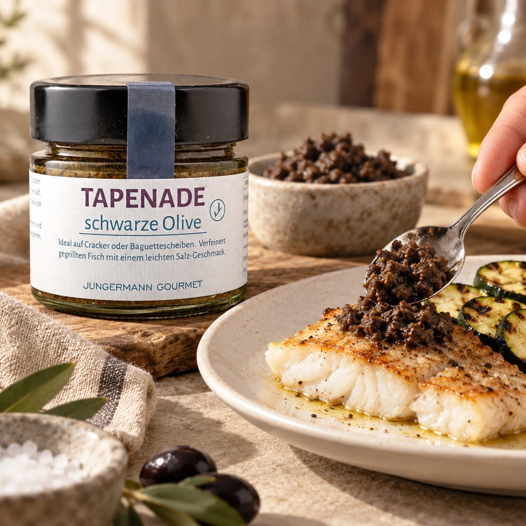 Dunkle Oliventapenade wird auf ein gebratenes Fischfilet gegeben; das Originalglas steht daneben. Serviervorschlag.
