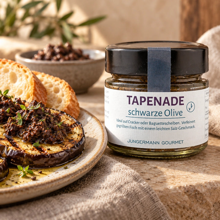 Antipasti mit gegrillter Aubergine, dunkler Tapenade und Brot neben dem Originalglas; Serviervorschlag.