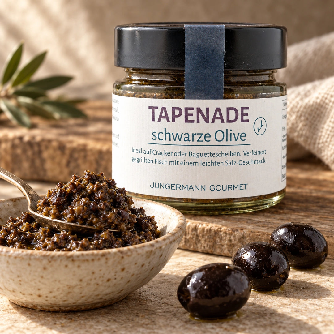 Dunkle Oliventapenade auf einem Löffel vor dem Originalglas mit schwarzem Deckel.