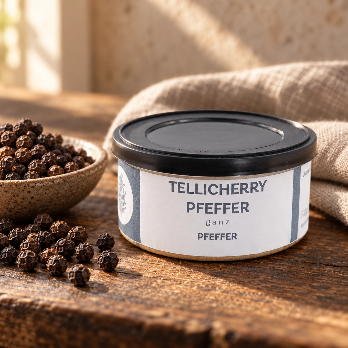 Tellicherry-Pfeffer in der Originaldose auf Eichenholz neben schwarzen Pfefferkörnern.