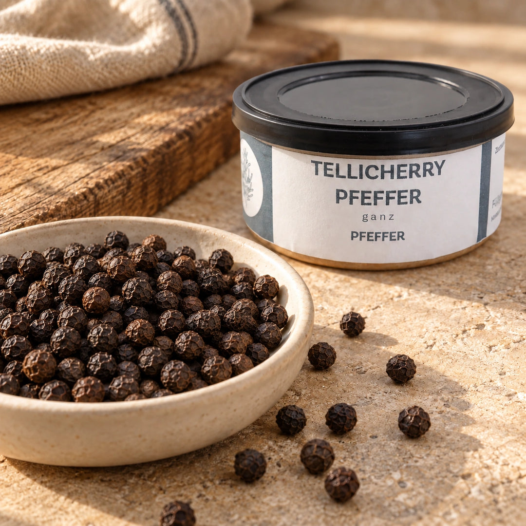 Ganze Tellicherry-Pfefferkörner in einer Keramikschale neben der beschrifteten Originaldose.