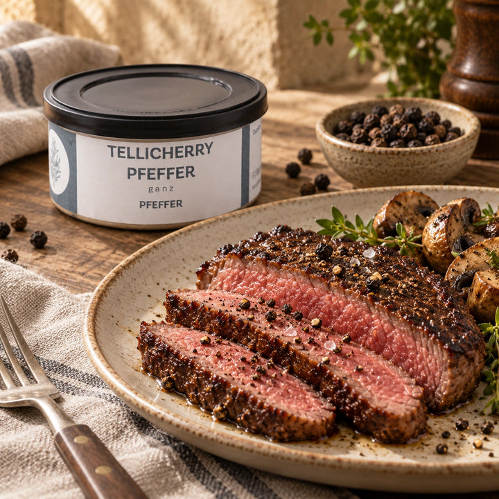Gebratenes Steak mit frisch zerstoßenem Tellicherry-Pfeffer neben der Originaldose; Serviervorschlag.