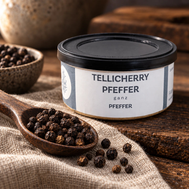 Nahaufnahme von Tellicherry-Pfefferkörnern auf einem Holzlöffel vor der Originaldose.