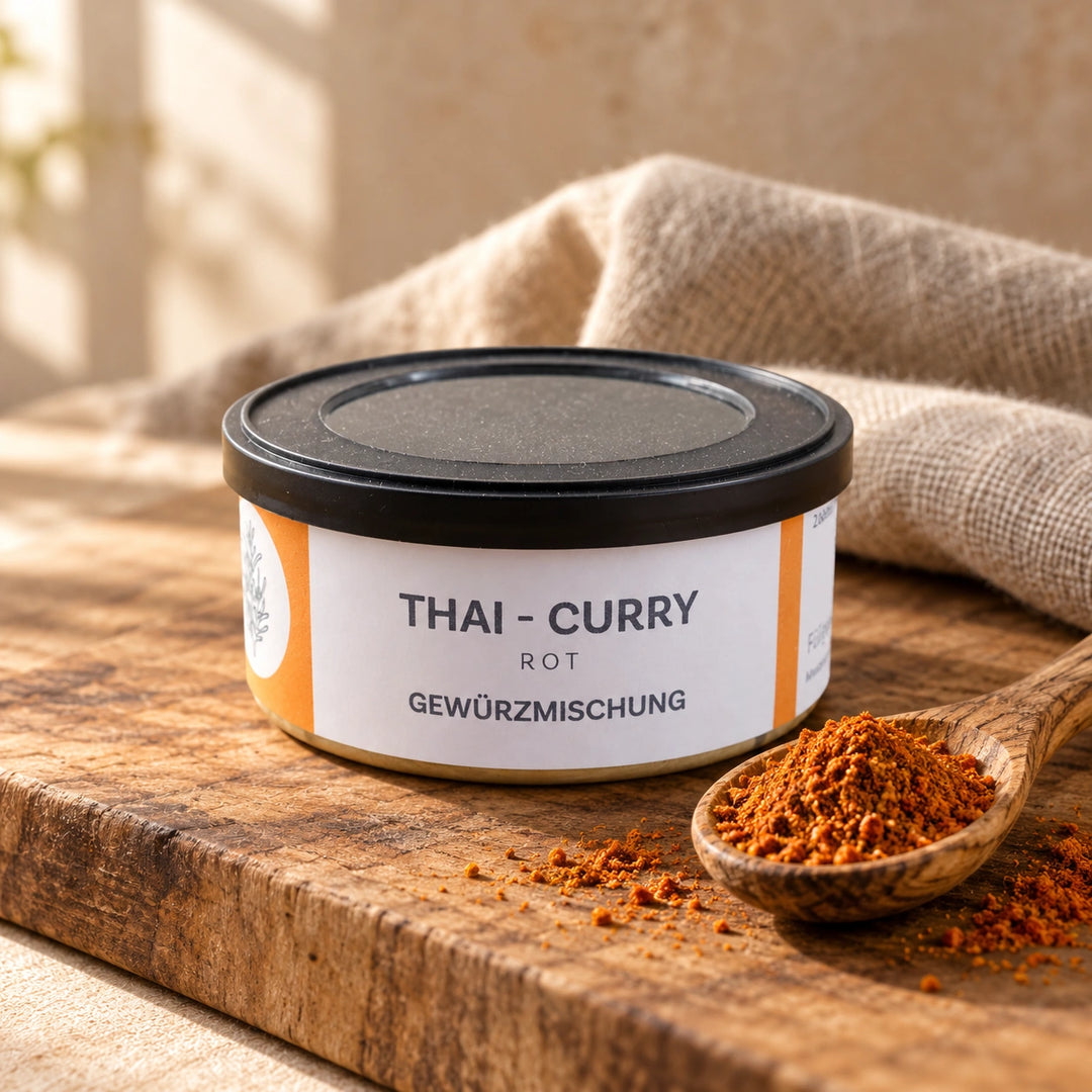 Thai-Curry rot in der Originaldose neben rötlichem Gewürzpulver auf einem Holztisch.