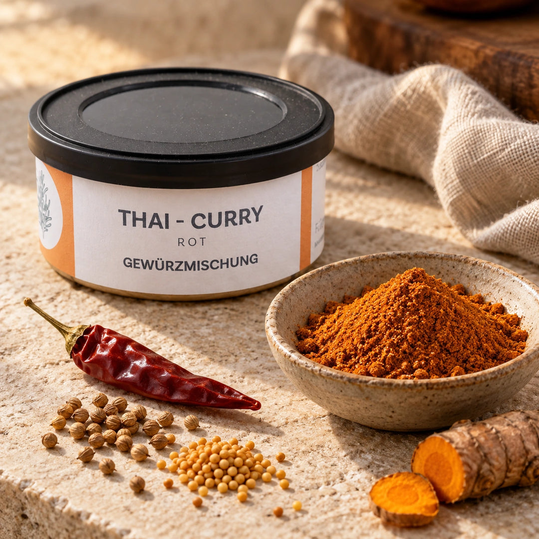 Rote Curry-Gewürzmischung mit getrockneter Chili, Koriander- und Senfkörnern neben der Originaldose.