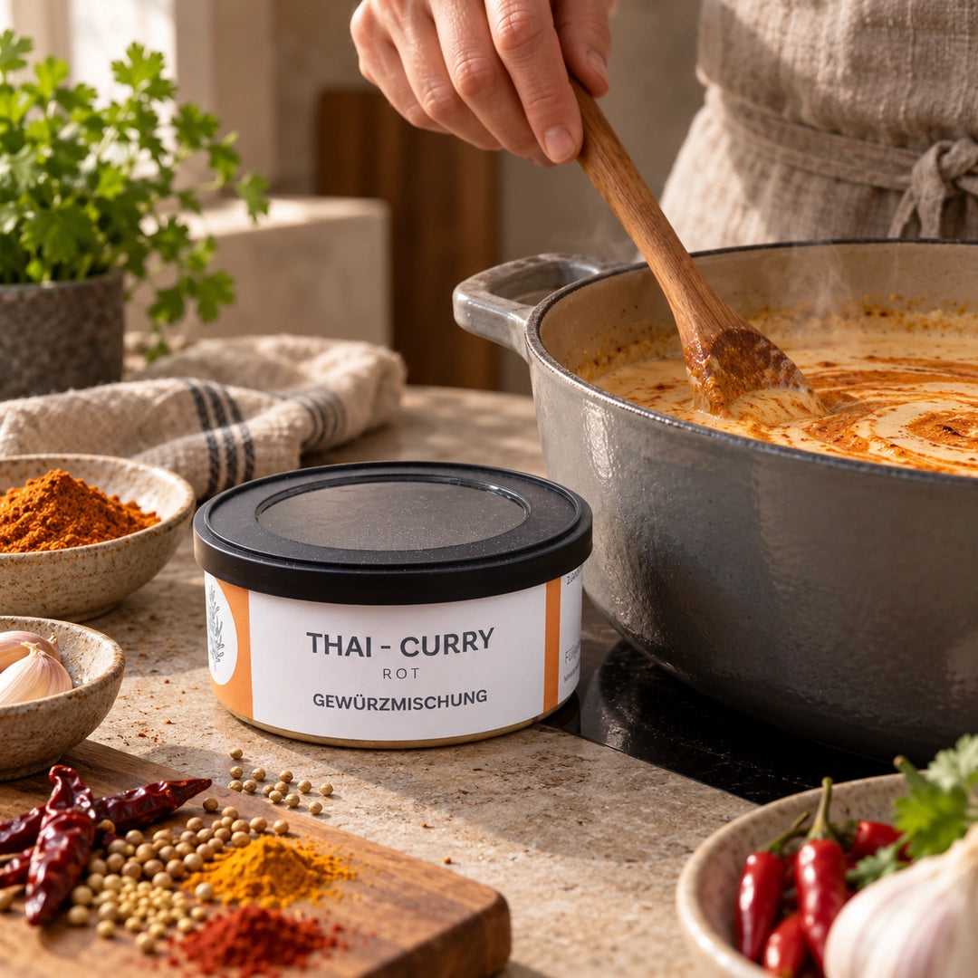 Rotes Currypulver wird in Kokossauce eingerührt; daneben steht die Originaldose. Zubereitungsvorschlag.