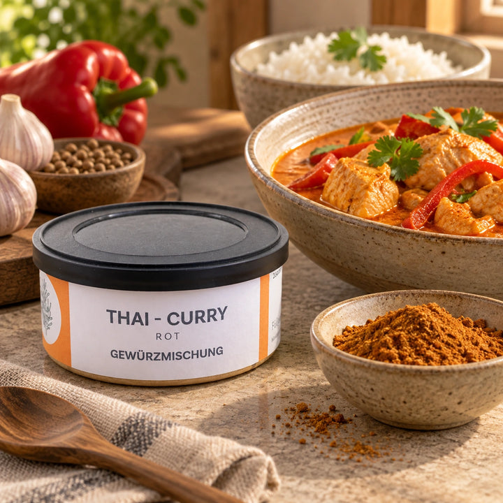 Rotes Hähnchencurry mit Paprika und Reis neben Thai-Curry rot in der Originaldose; Serviervorschlag.