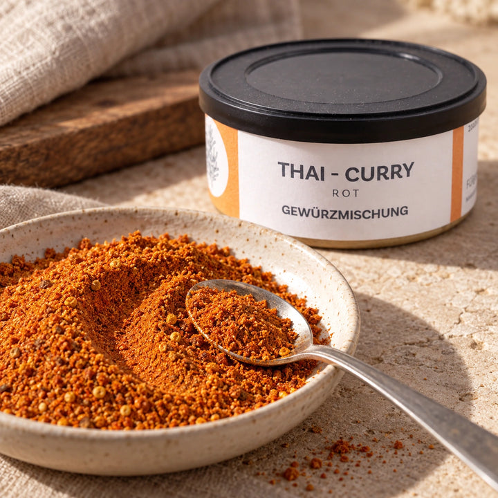 Nahaufnahme des rötlichen Thai-Currypulvers in einer Keramikschale vor der Originaldose.