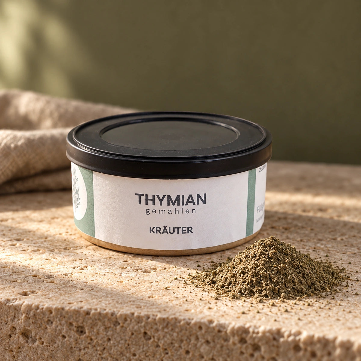 Thymian gemahlen in der Originaldose auf warmem Kalkstein neben einem kleinen Häufchen Kräuterpulver.