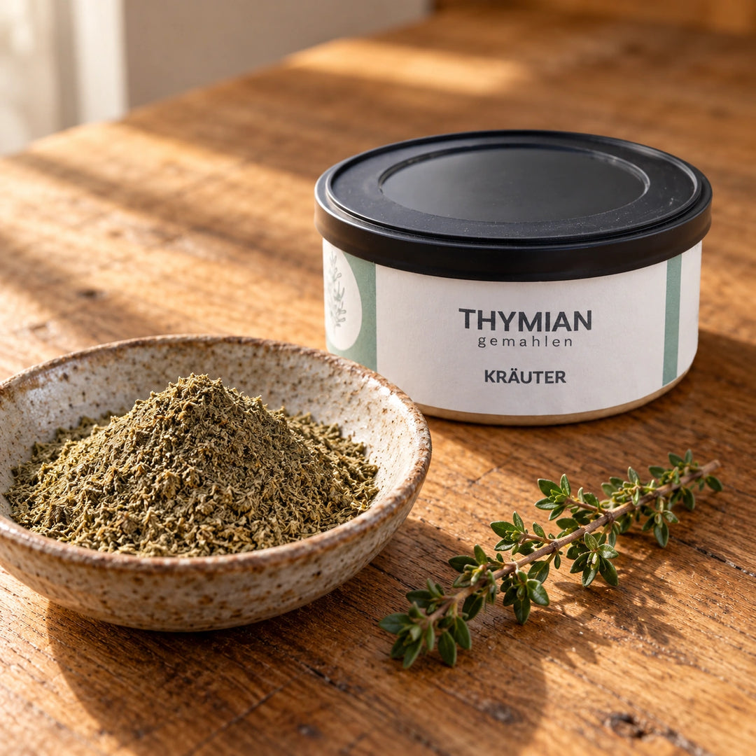 Fein gemahlener Thymian in einer Keramikschale mit einem Thymianzweig neben der Originaldose.