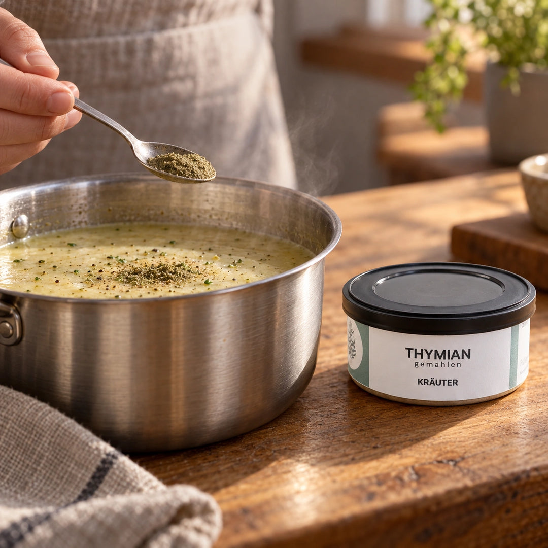Gemahlener Thymian wird mit einem Teelöffel in eine cremige Suppe gegeben; die Originaldose steht daneben. Zubereitungsvorschlag.