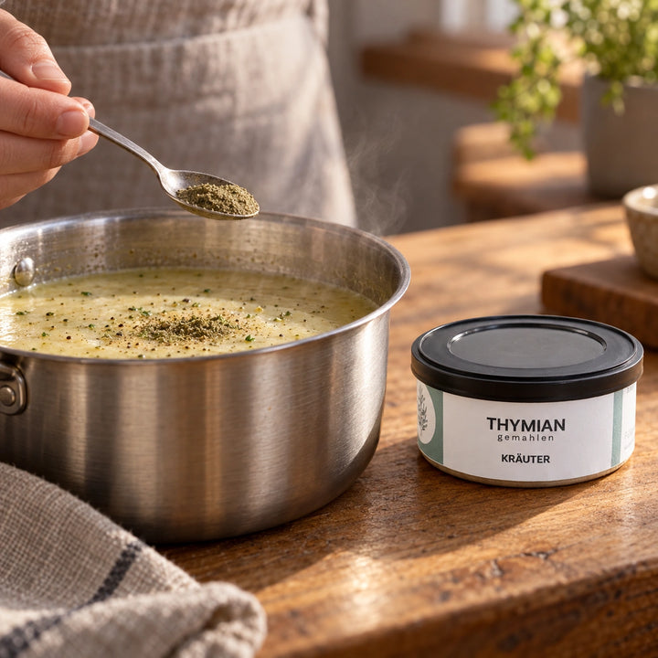 Gemahlener Thymian wird mit einem Teelöffel in eine cremige Suppe gegeben; die Originaldose steht daneben. Zubereitungsvorschlag.