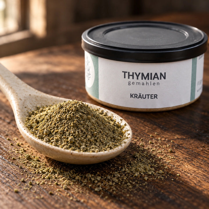 Nahaufnahme von fein gemahlenem Thymian auf einem Keramiklöffel vor der Originaldose.