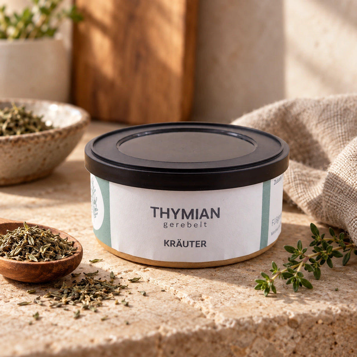 Thymian gerebelt in der Originaldose mit getrockneten Blättchen und einem Thymianzweig.